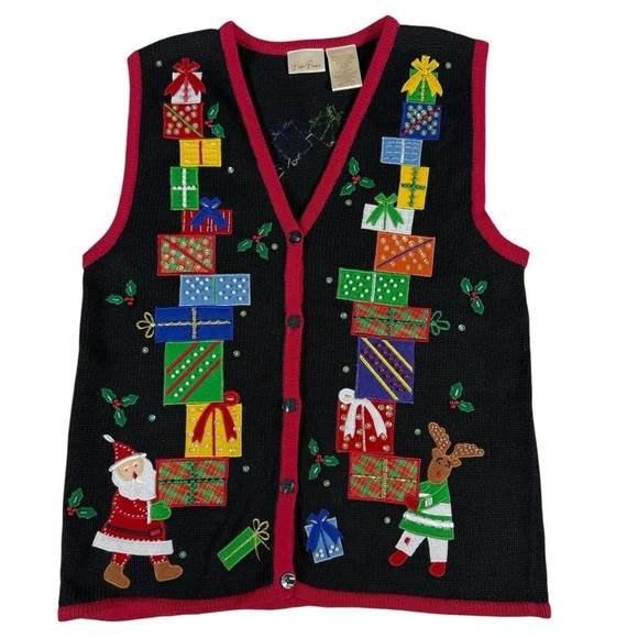 Bobbie Brooks Christmas Sweater Vest Women’s Medium Santa Reindeer Embellished - Picture 1 of 6